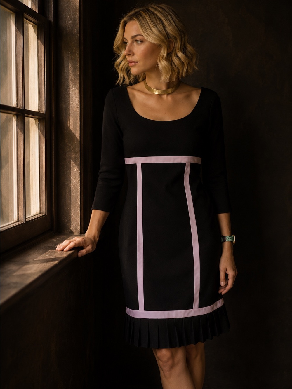 Vintage 1990’s Robbie Bee Black Purple Bow Ruffle Trim  Midi Dress Size 8P